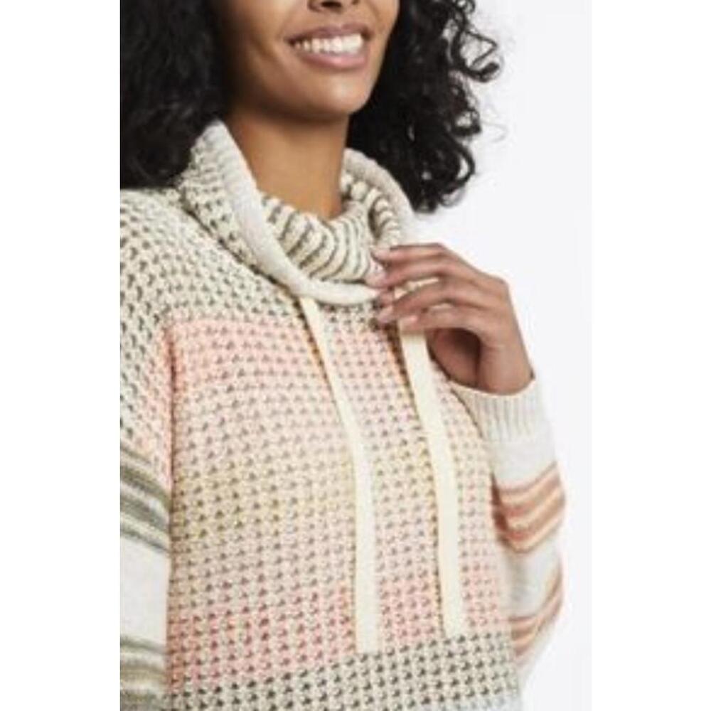 Tribal Cropped Cream Stripped Knit Sweater with Drawstring Neckline - Size - XL